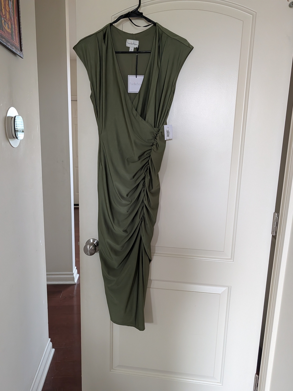 Olive Ruched V-Neck Midi Dress by Diane von Furstenberg